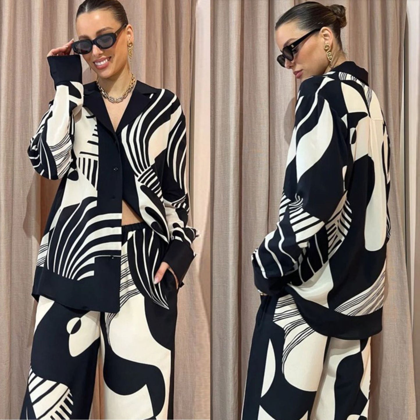 Conjunto Mujer Dos Piezas Camisa Manga Larga Botones y Pantalón