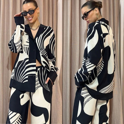 Conjunto Mujer Dos Piezas Camisa Manga Larga Botones y Pantalón