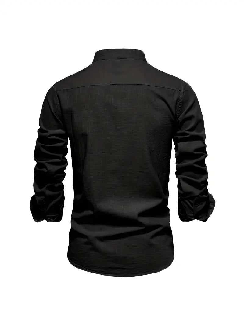 Camisa Hombre Slim Fit Algodón Cuello Mao Manga Larga