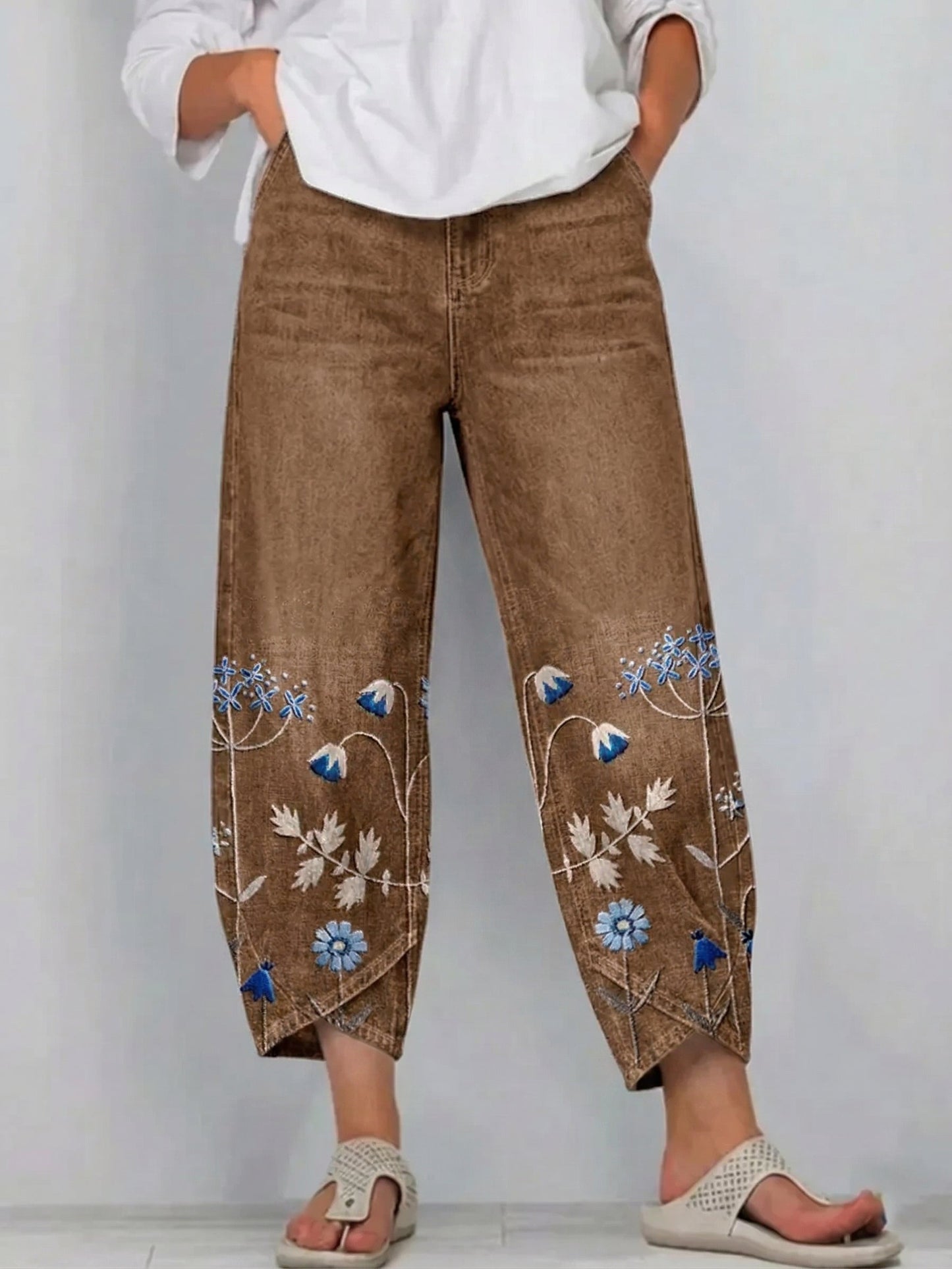 Pantalón mujer denim algodón bordado floral corte recto boho
