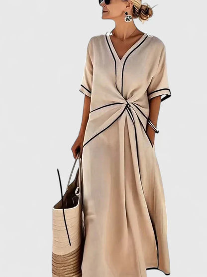 Vestido maxi mujer ligero escote en V detalle fruncido cintura