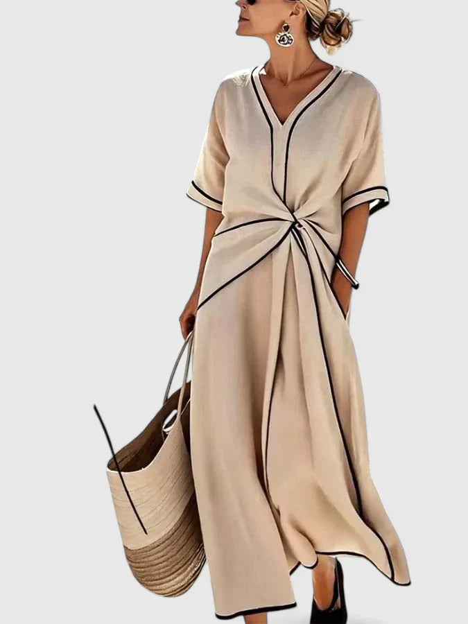 Vestido maxi mujer ligero escote en V detalle fruncido cintura - Mavetta