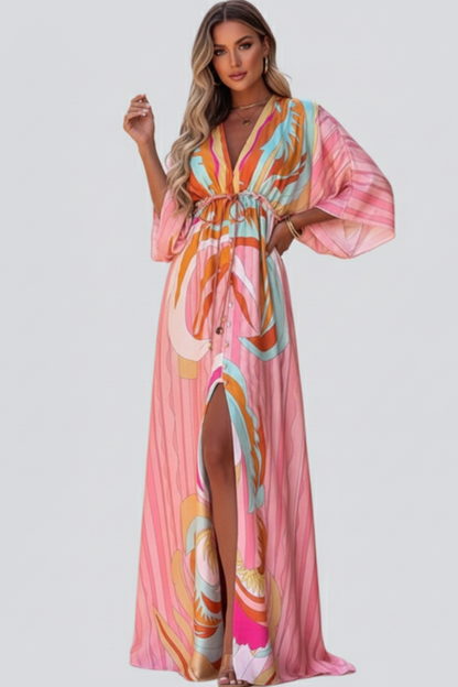 Vestido largo mujer con estampado escote en V y cinturón