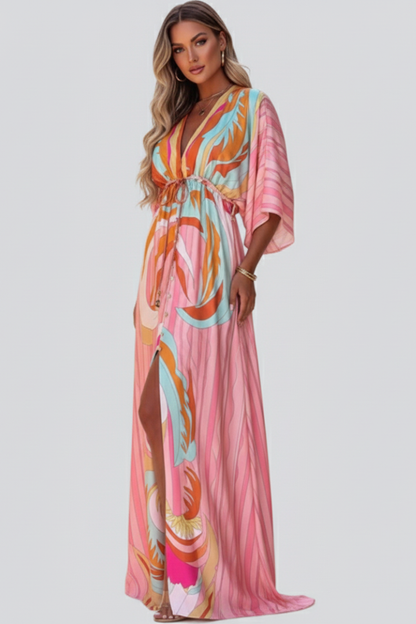 Vestido largo mujer con estampado escote en V y cinturón