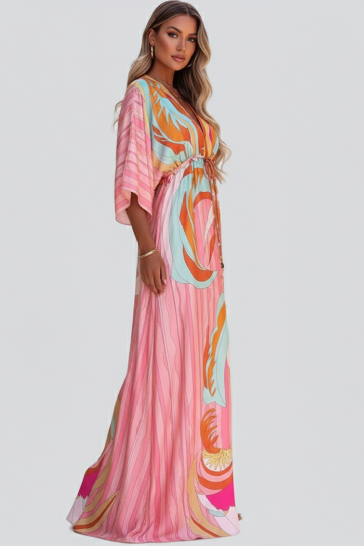 Vestido largo mujer con estampado escote en V y cinturón