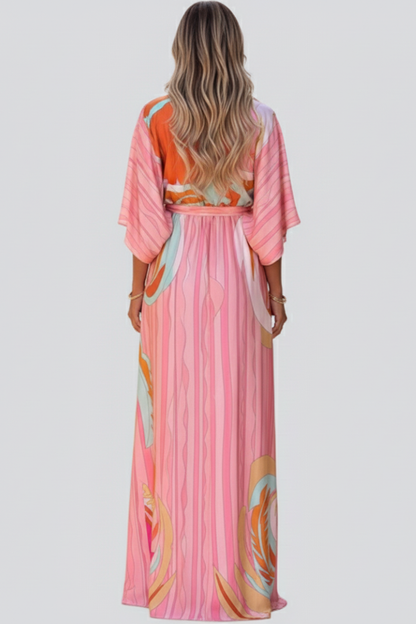 Vestido largo mujer con estampado escote en V y cinturón