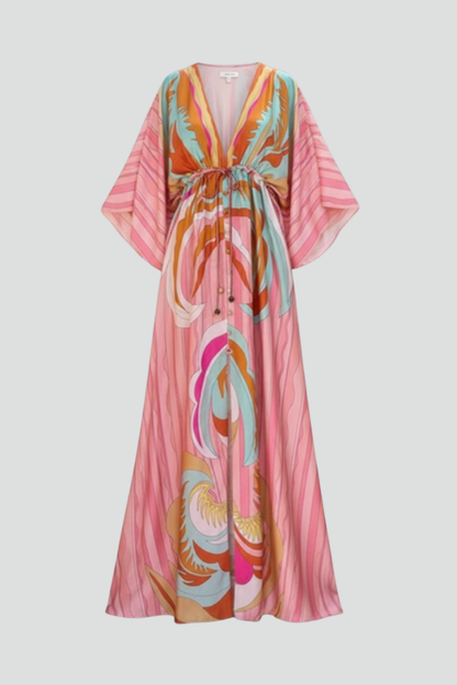 Vestido largo mujer con estampado escote en V y cinturón - Mavetta