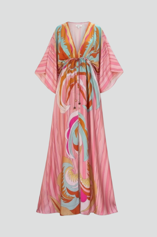Vestido largo mujer con estampado escote en V y cinturón - Mavetta