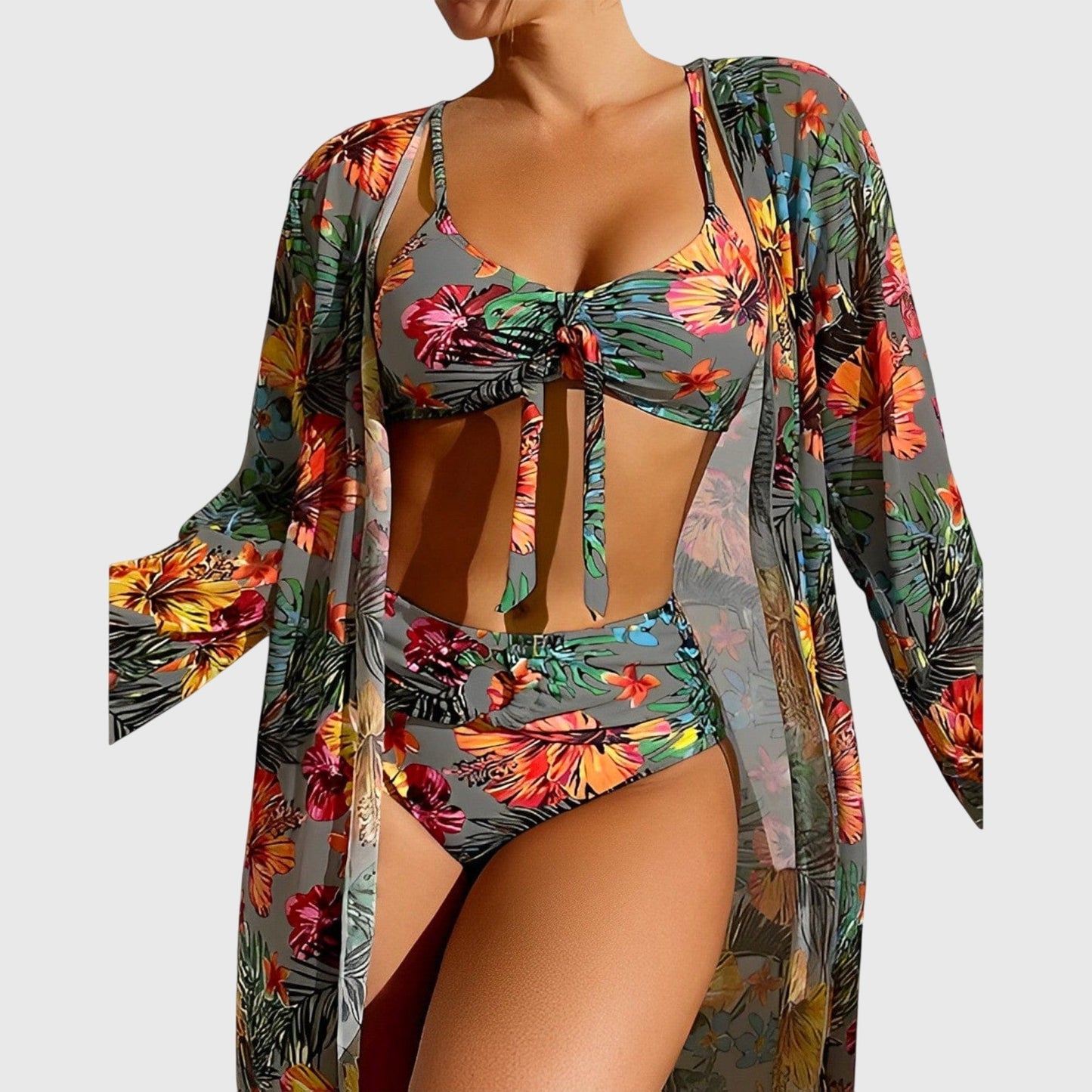 Bikini Mujer Tres Piezas Lazo Cintura Alta Kimono Playa