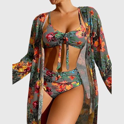 Bikini Mujer Tres Piezas Lazo Cintura Alta Kimono Playa