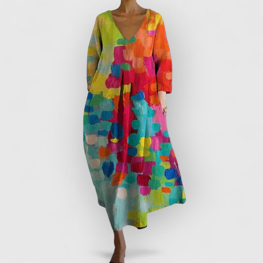 Vestido Largo Mujer con Cuello en V Estilo Artistico - Mavetta