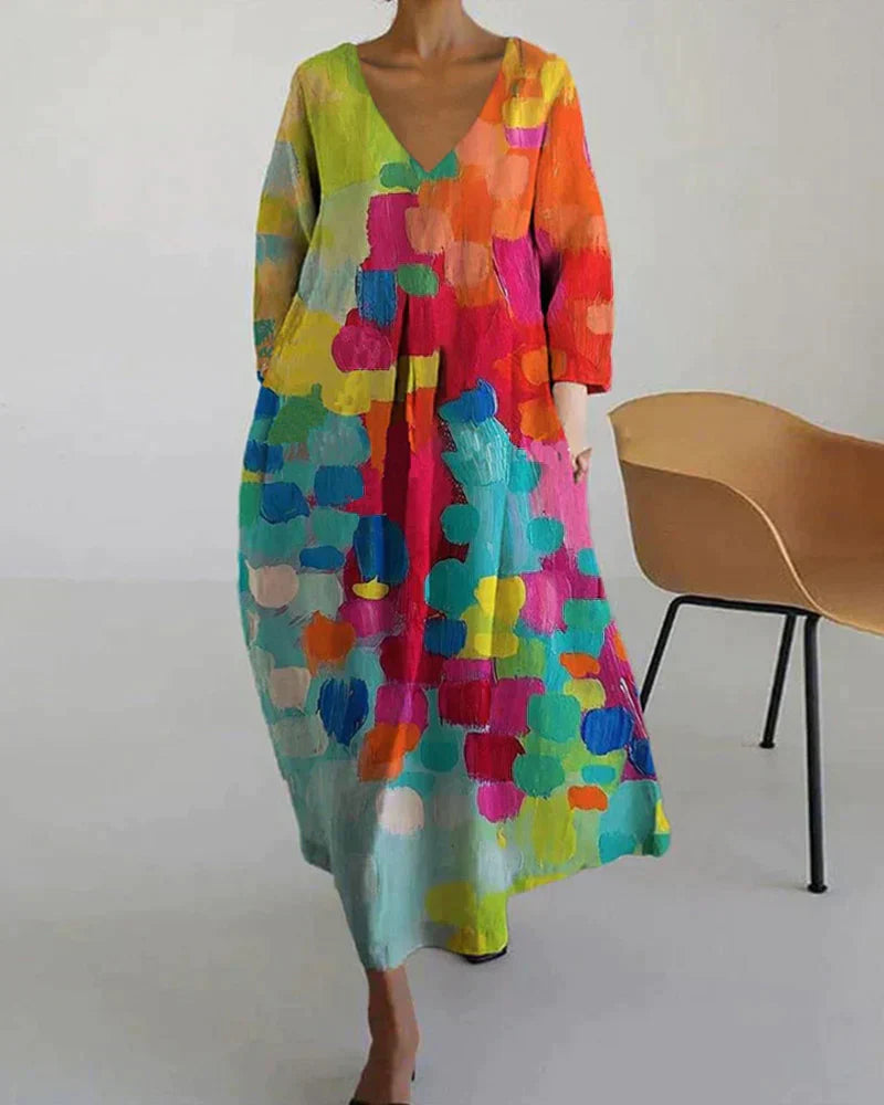 Vestido largo Mujer Escote en V Estampado Artistico - Mavetta