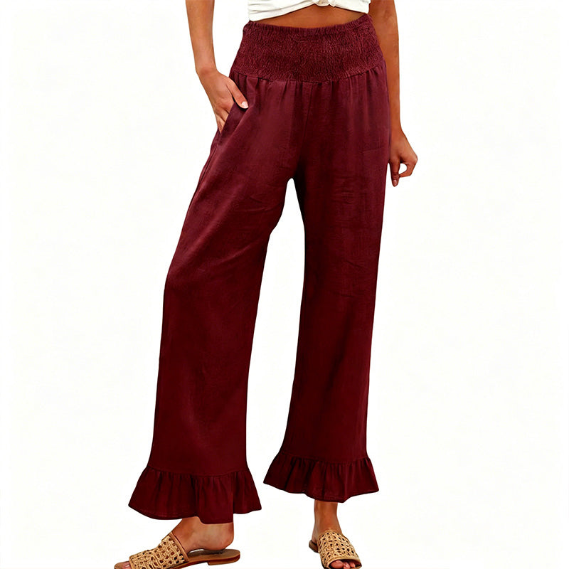 Pantalón mujer algodón y lino ancho tiro alto volante boho