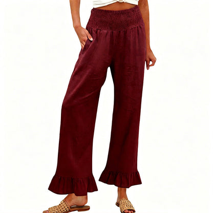 Pantalón mujer algodón y lino ancho tiro alto volante boho