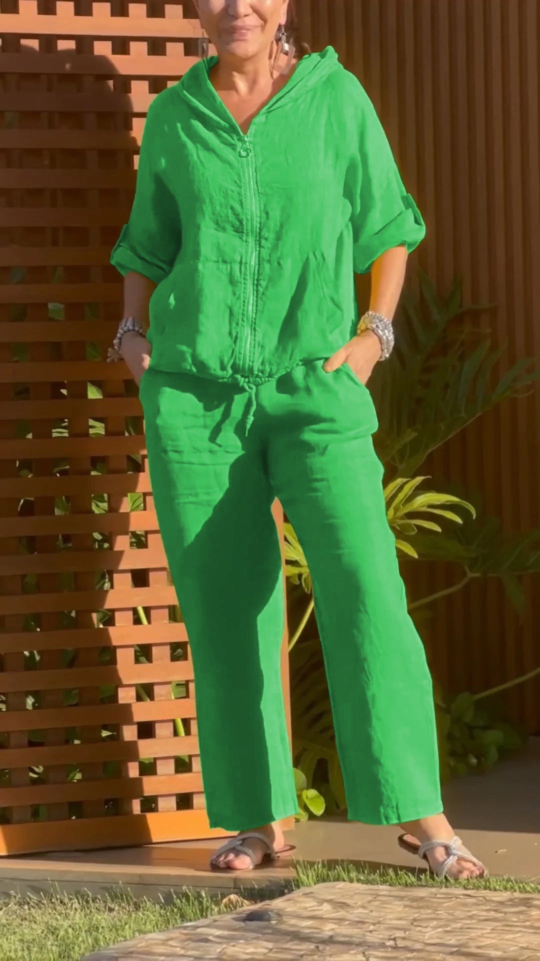 Conjunto Mujer Casual Algodón y Lino Capucha Cremallera