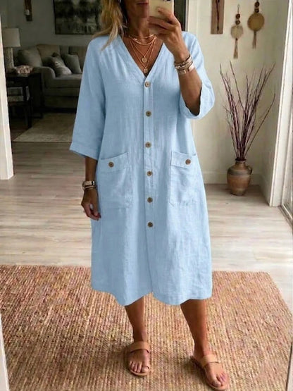 Vestido midi mujer Algodón lino con botones estilo casual