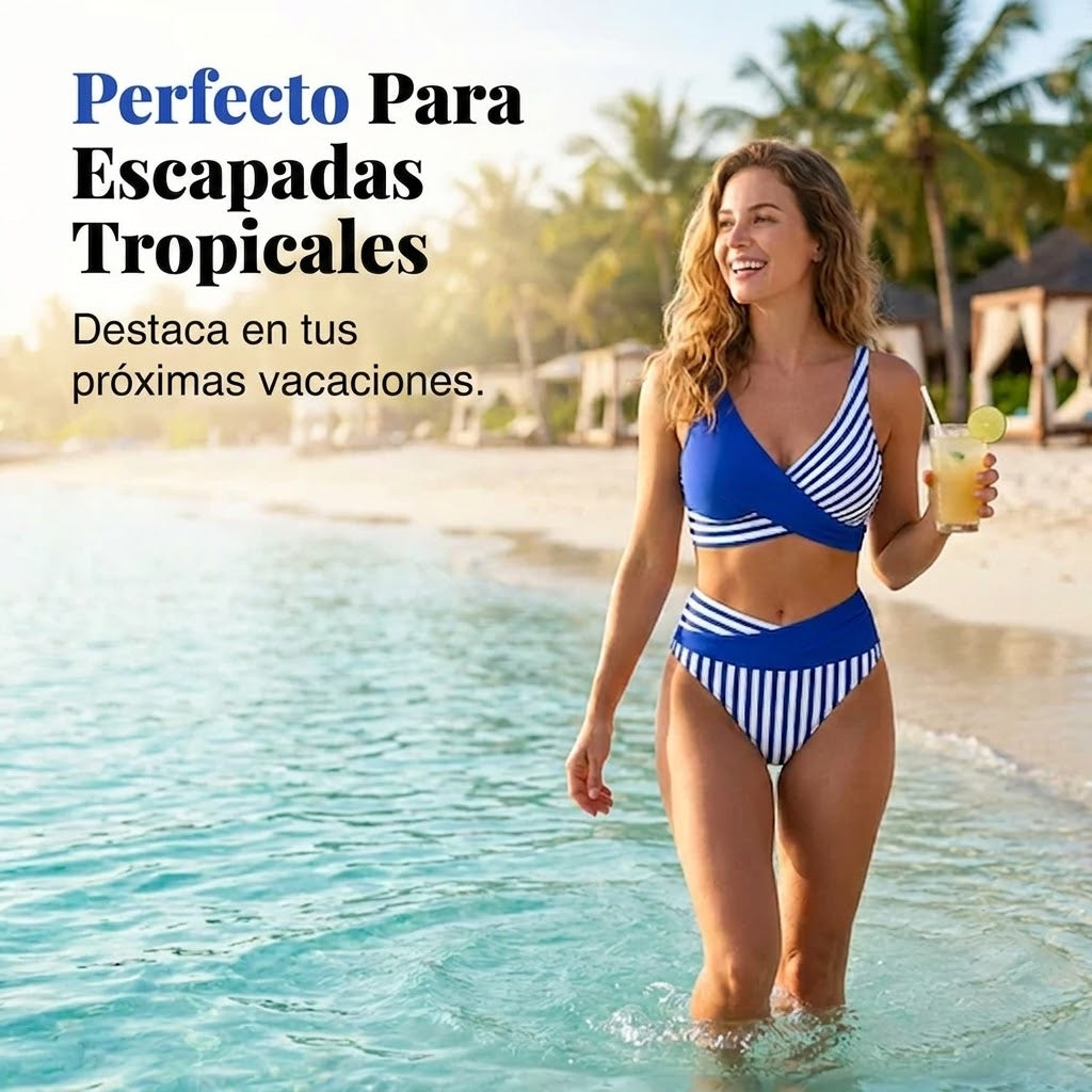Bikini Mujer de Dos Piezas con Bloques y Rayas