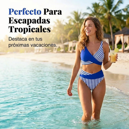 Bikini Mujer de Dos Piezas con Bloques y Rayas