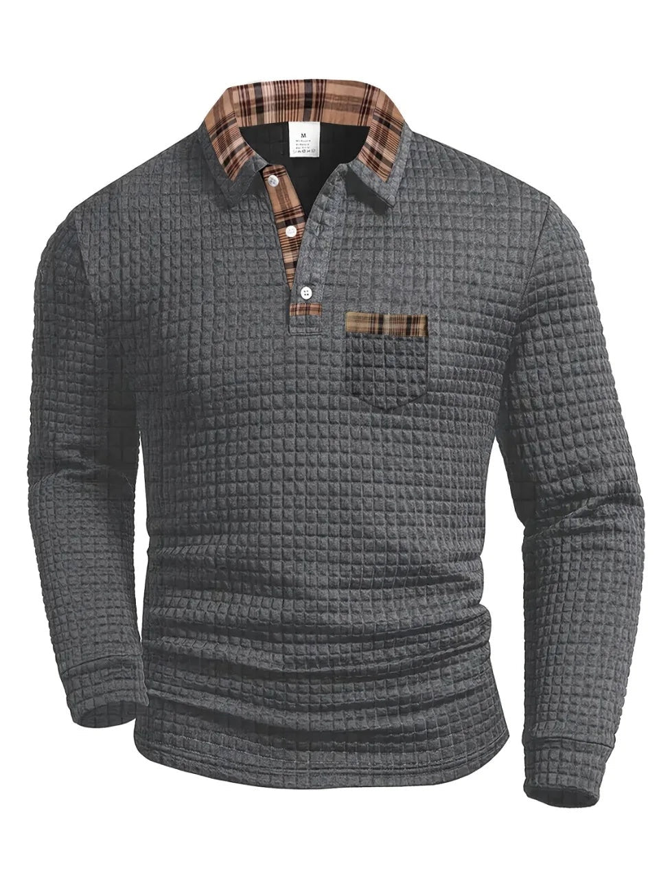 Polo Hombre Manga Larga Textura Waffle Cuello Cuadros