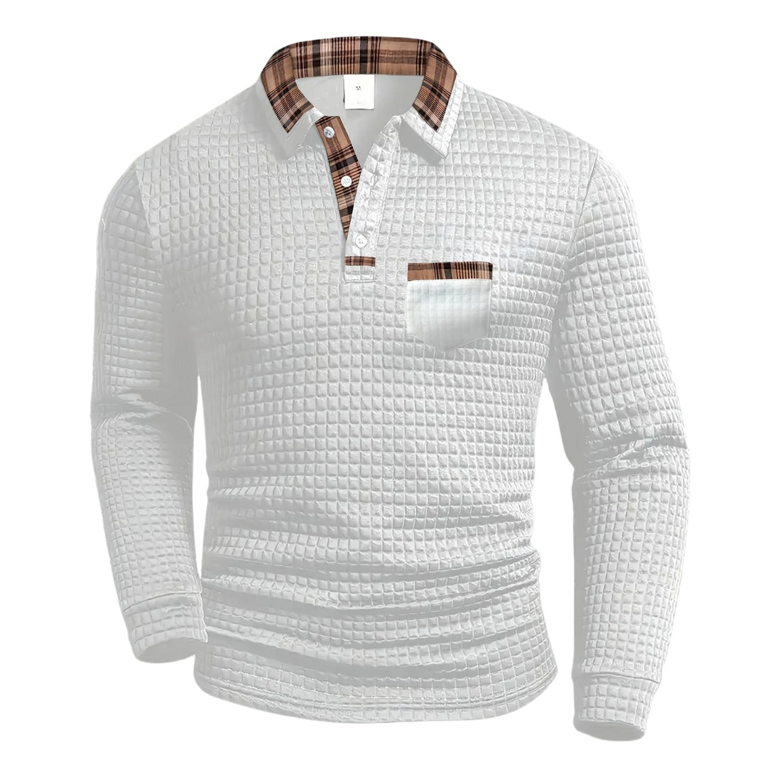 Polo Hombre Manga Larga Textura Waffle Cuello Cuadros