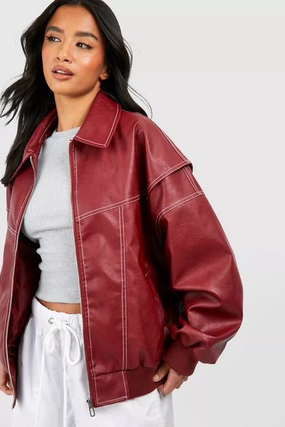 Chaqueta bomber mujer de cuero oversize con costuras decorativas