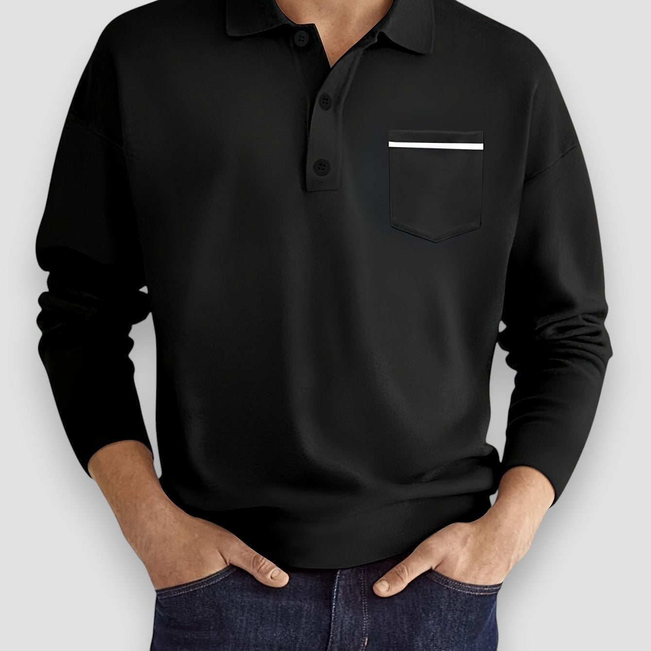 Polo Hombre Manga Larga Bolsillo Detalle Contraste