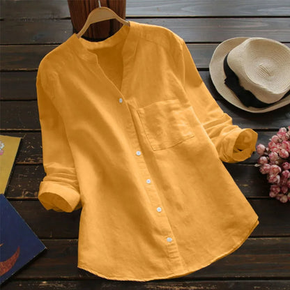 Camisa Mujer con Manga Larga Bolsillo y Cuello Sin Solapa
