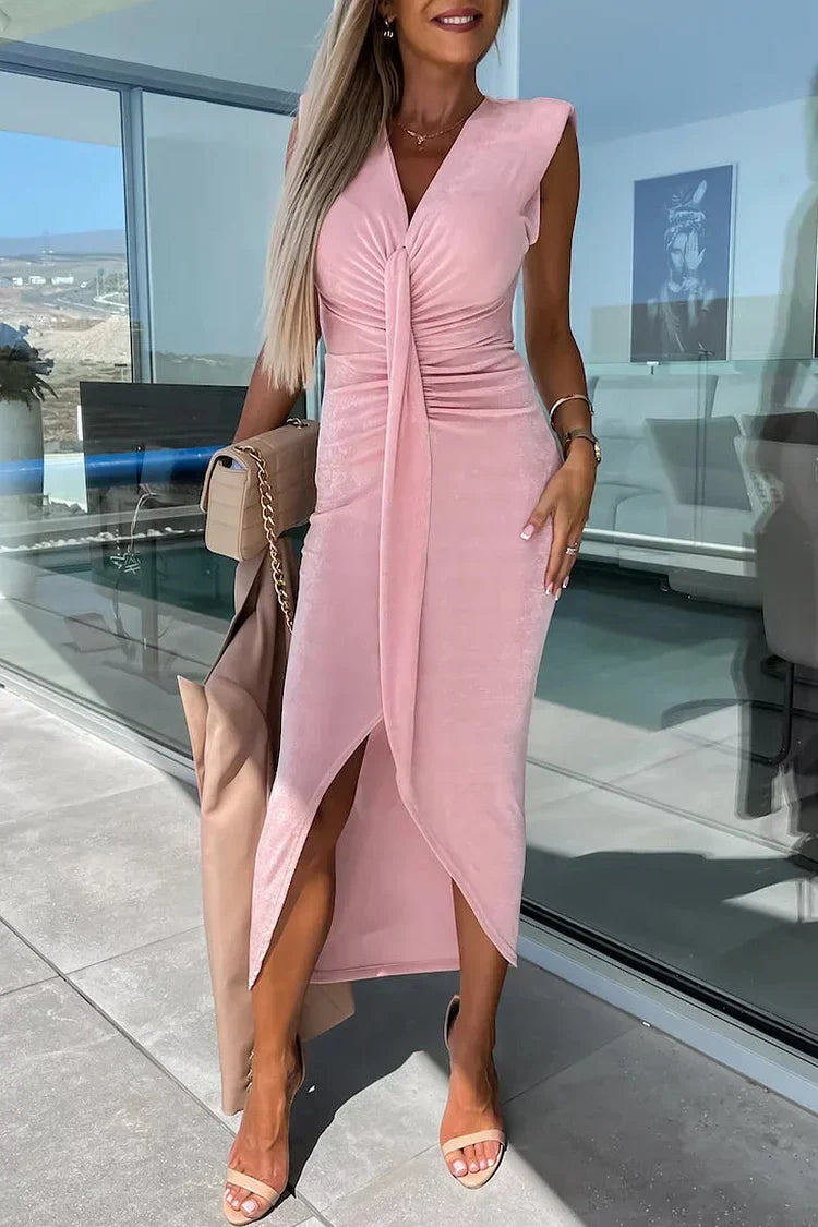 Vestido Mujer con Escote en V y Pliegues Asimétricos
