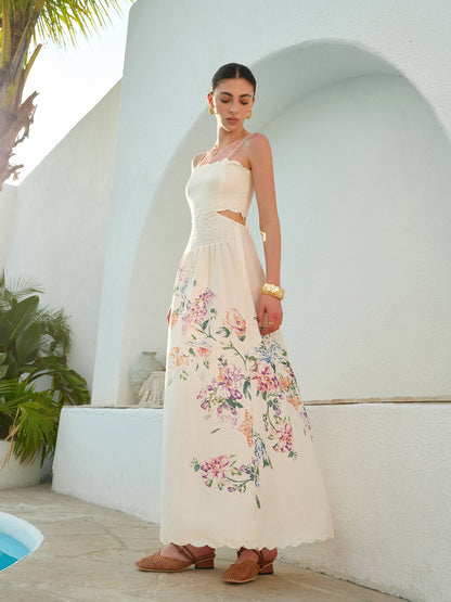 Vestido maxi mujer de tela ligera con aberturas y bajo ondulado - Mavetta