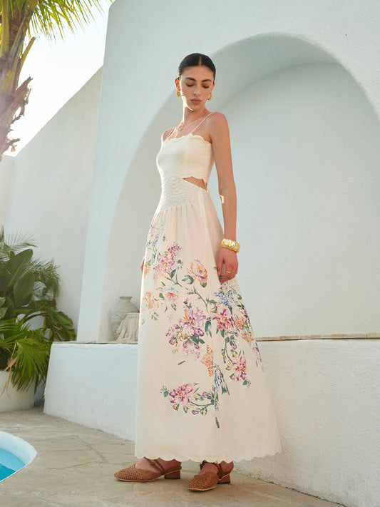 Vestido maxi mujer de tela ligera con aberturas y bajo ondulado - Mavetta