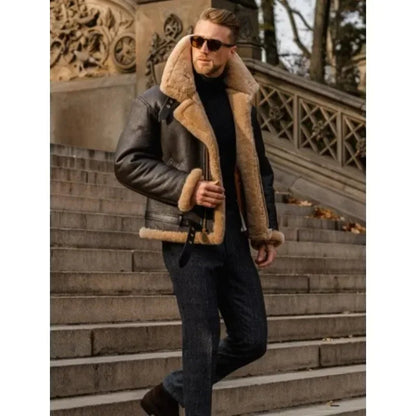 Chaqueta Piloto Hombre Cuero Sostenible Forro Sherpa