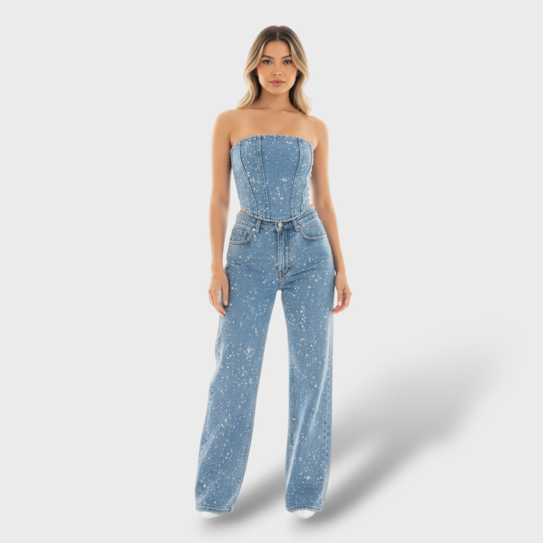 Conjunto Mujer Brillante Jeans Cintura Alta