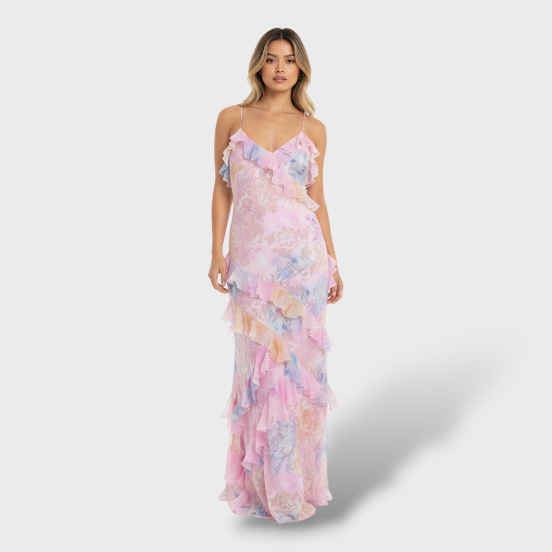 Vestido largo mujer con volantes y espalda abierta
