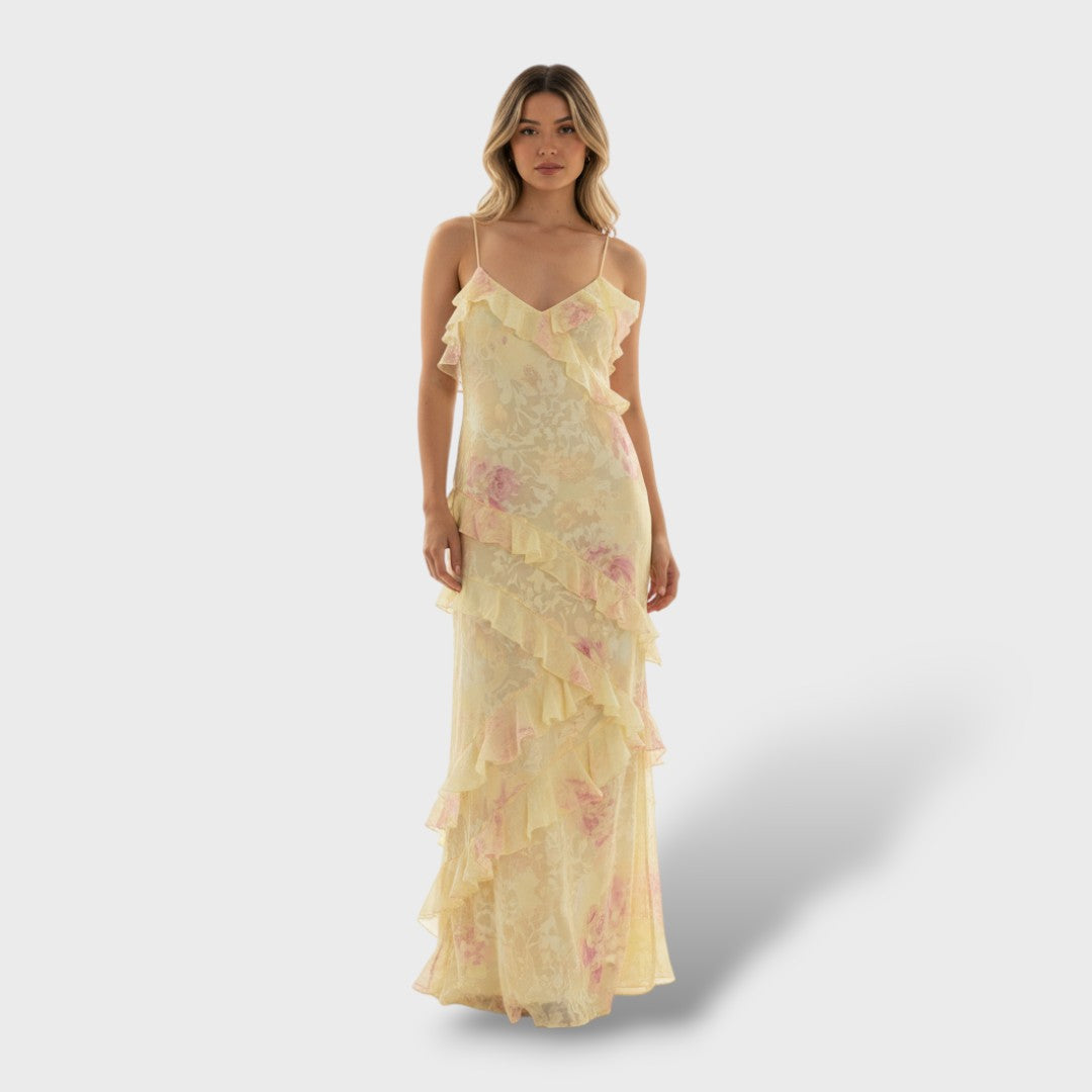 Vestido largo mujer con volantes y espalda abierta - Mavetta