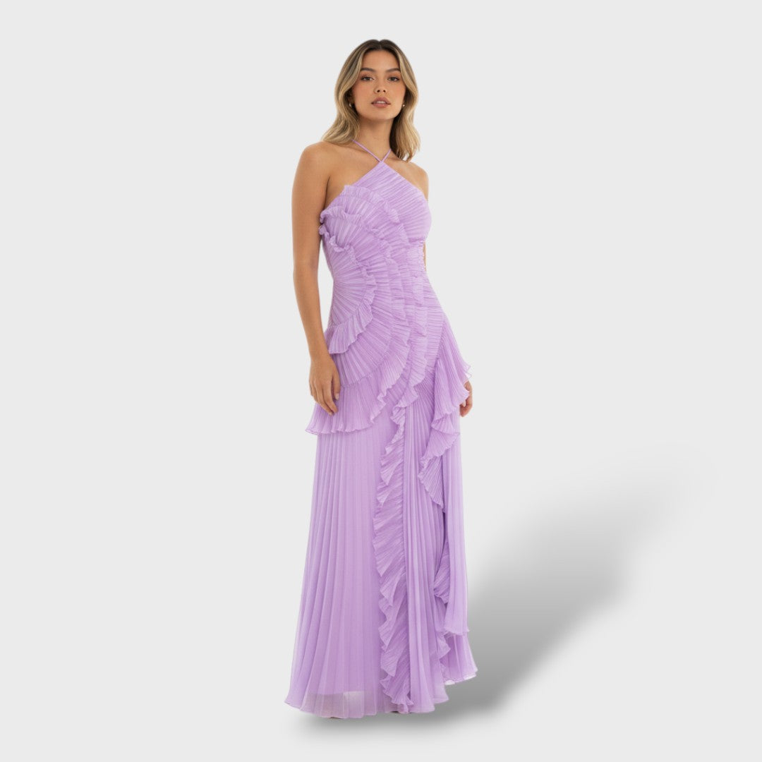 Vestido maxi mujer de volante y escote halter abierto - Mavetta