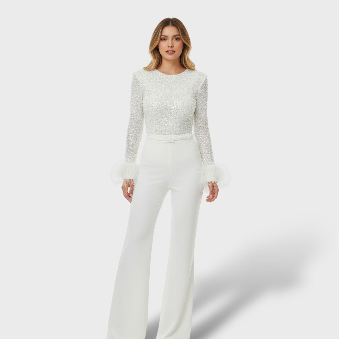 Mono Mujer con Lentejuelas y Detalle de Plumas Elegante - Mavetta