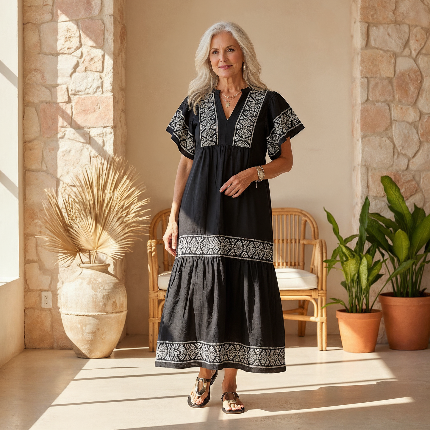 Vestido midi mujer Escote en V Estilo bohemio Veraniego