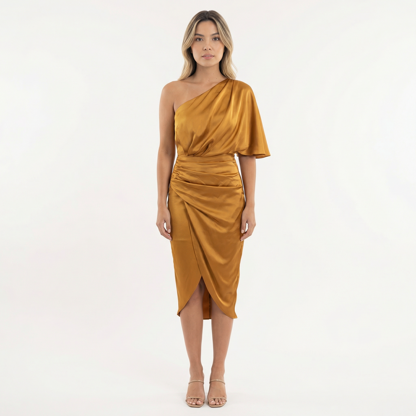 Vestido Midi Mujer Satinado Asimétrico