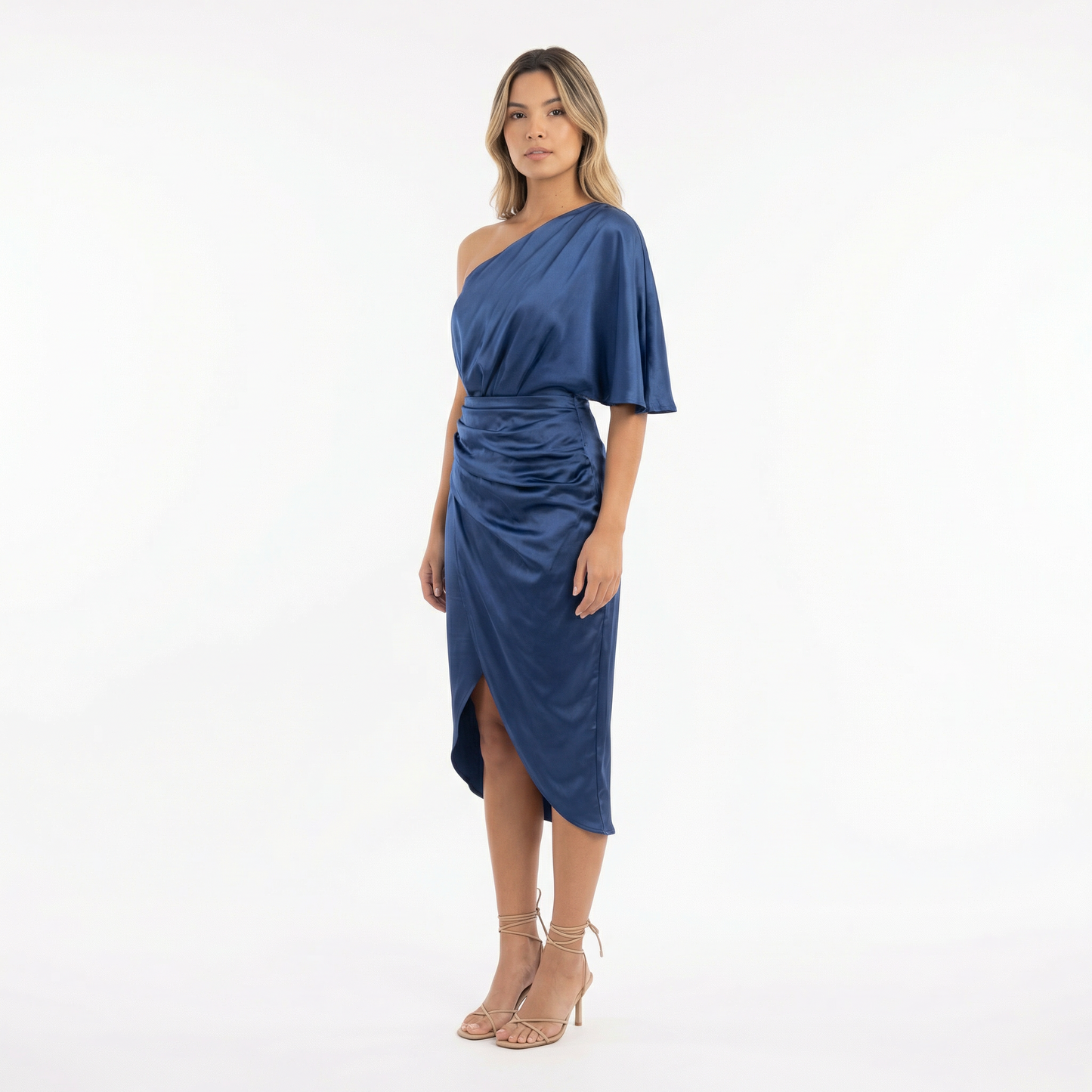 Vestido Midi Mujer Satinado Asimétrico