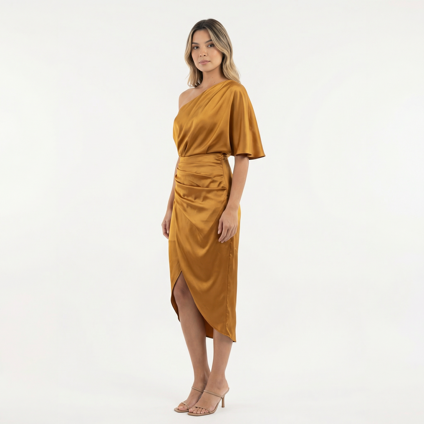 Vestido Midi Mujer Satinado Asimétrico