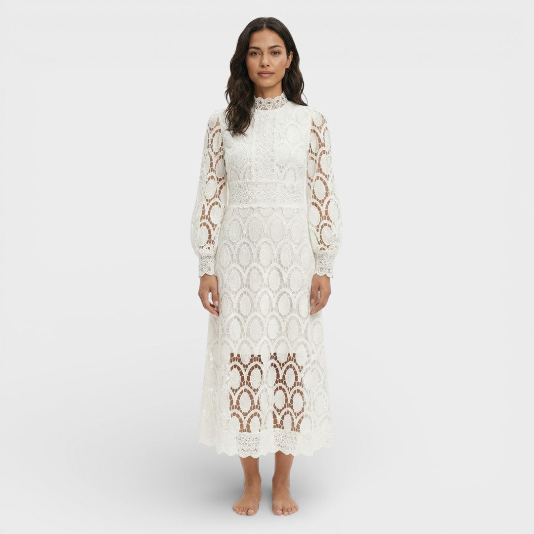 Vestido Midi Mujer de Encaje Cuello Alto