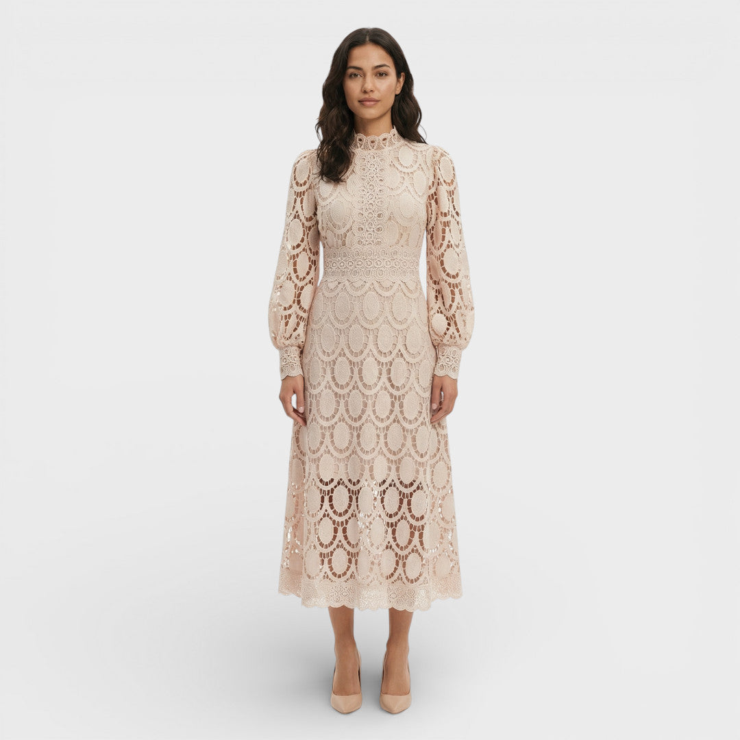 Vestido Midi Mujer de Encaje Cuello Alto