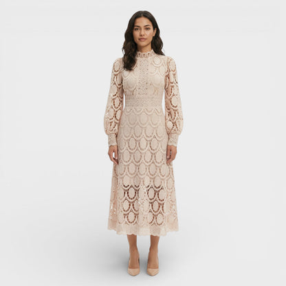 Vestido Midi Mujer de Encaje Cuello Alto