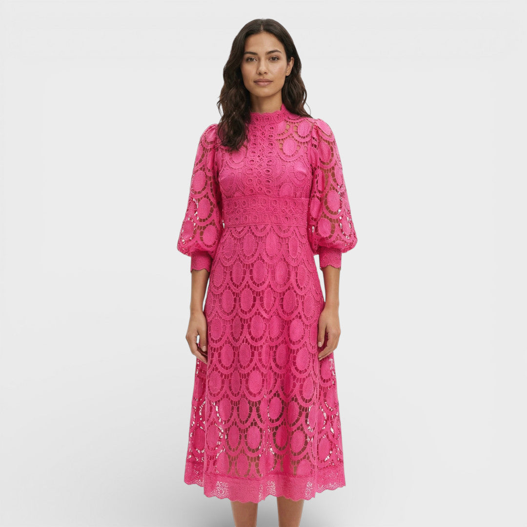 Vestido Midi Mujer de Encaje Cuello Alto