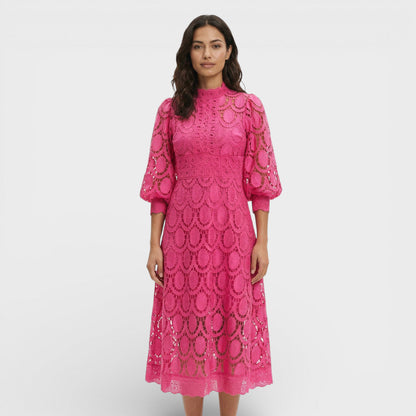 Vestido Midi Mujer de Encaje Cuello Alto