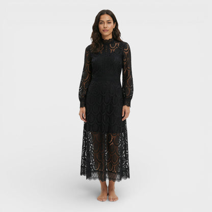 Vestido Midi Mujer de Encaje Cuello Alto