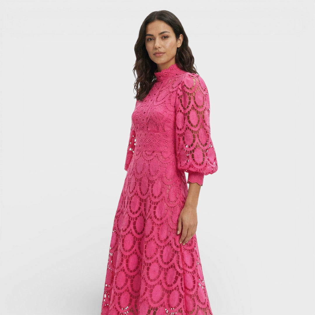 Vestido Midi Mujer de Encaje Cuello Alto