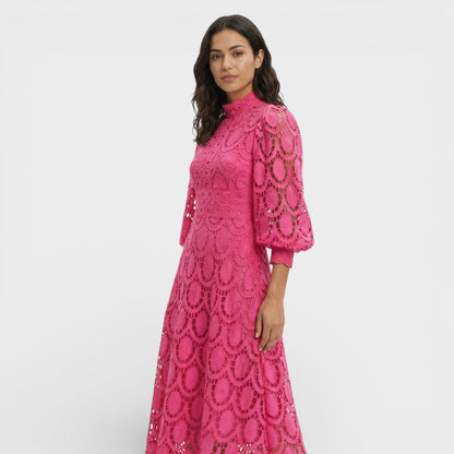 Vestido Midi Mujer de Encaje Cuello Alto