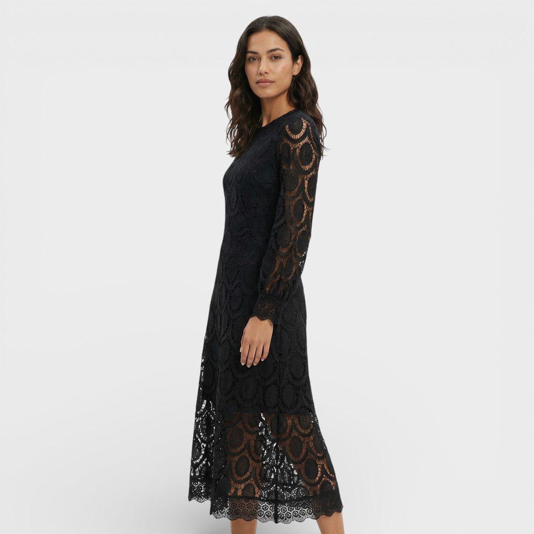 Vestido Midi Mujer de Encaje Cuello Alto