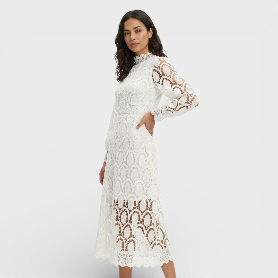Vestido Midi Mujer de Encaje Cuello Alto